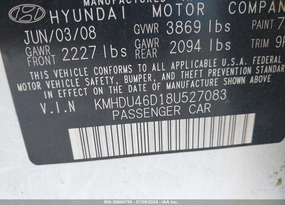 2008 HYUNDAI ELANTRA GLS/SE VIN: KMHDU46D18U527083