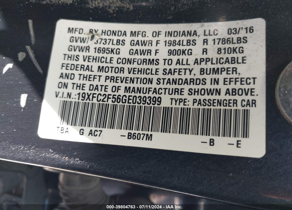 2016 HONDA CIVIC LX VIN: 19XFC2F56GE039399
