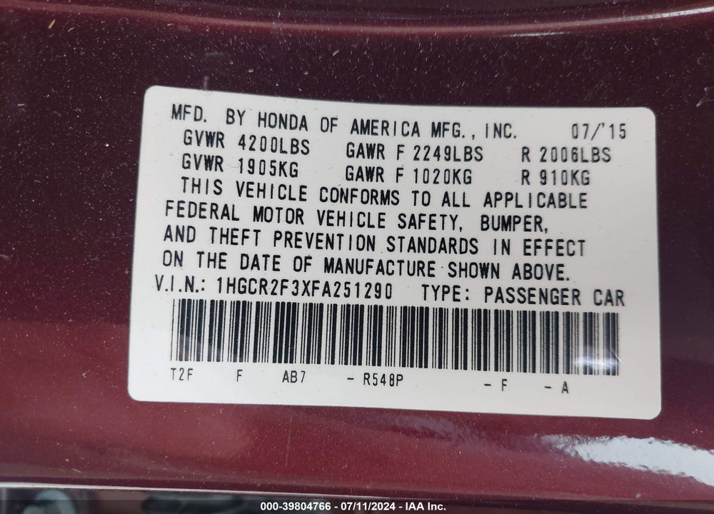 2015 HONDA ACCORD LX VIN: 1HGCR2F3XFA251290