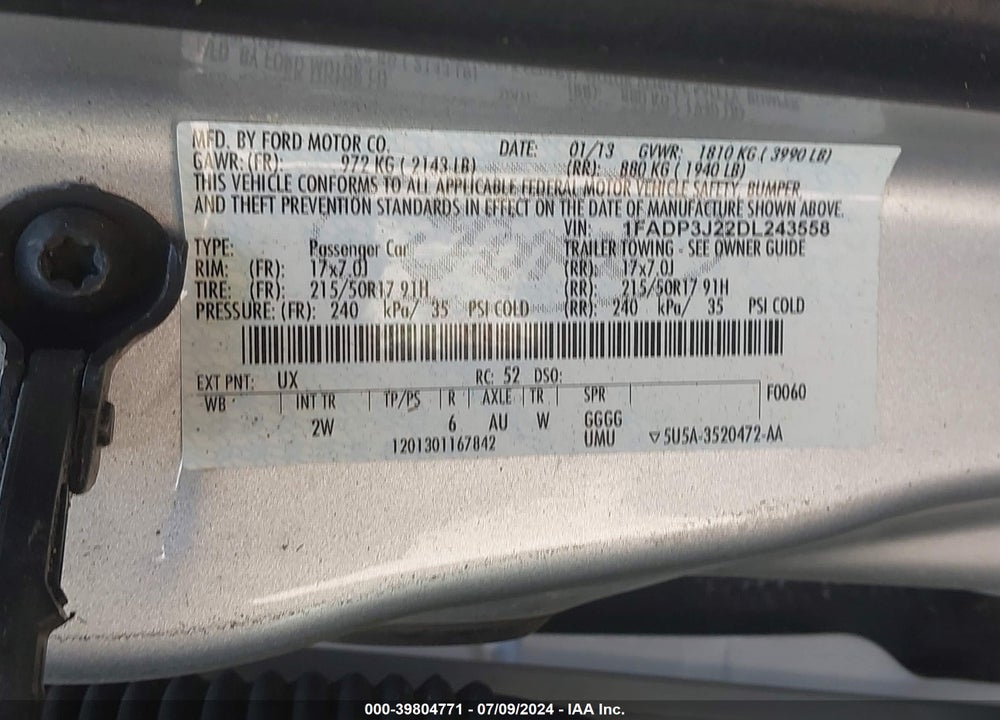 2013 FORD FOCUS TITANIUM VIN: 1FADP3J22DL243558