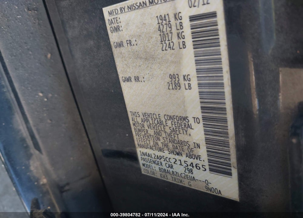 2012 NISSAN ALTIMA 2.5 S VIN: 1N4AL2AP5CC215465