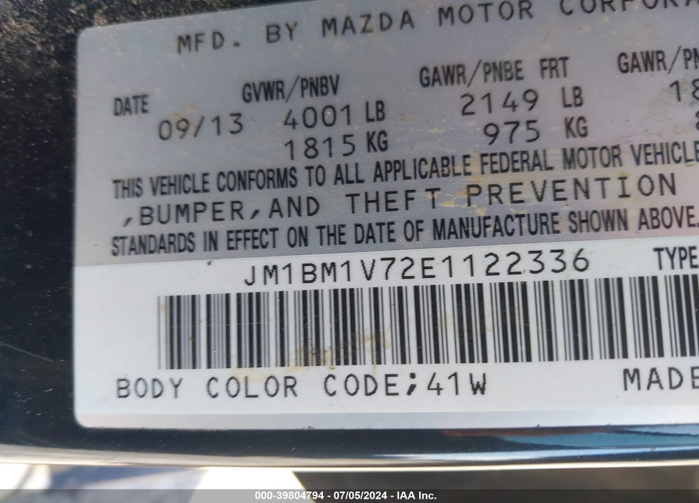 2014 MAZDA 3 I TOURING VIN: JM1BM1V72E1122336