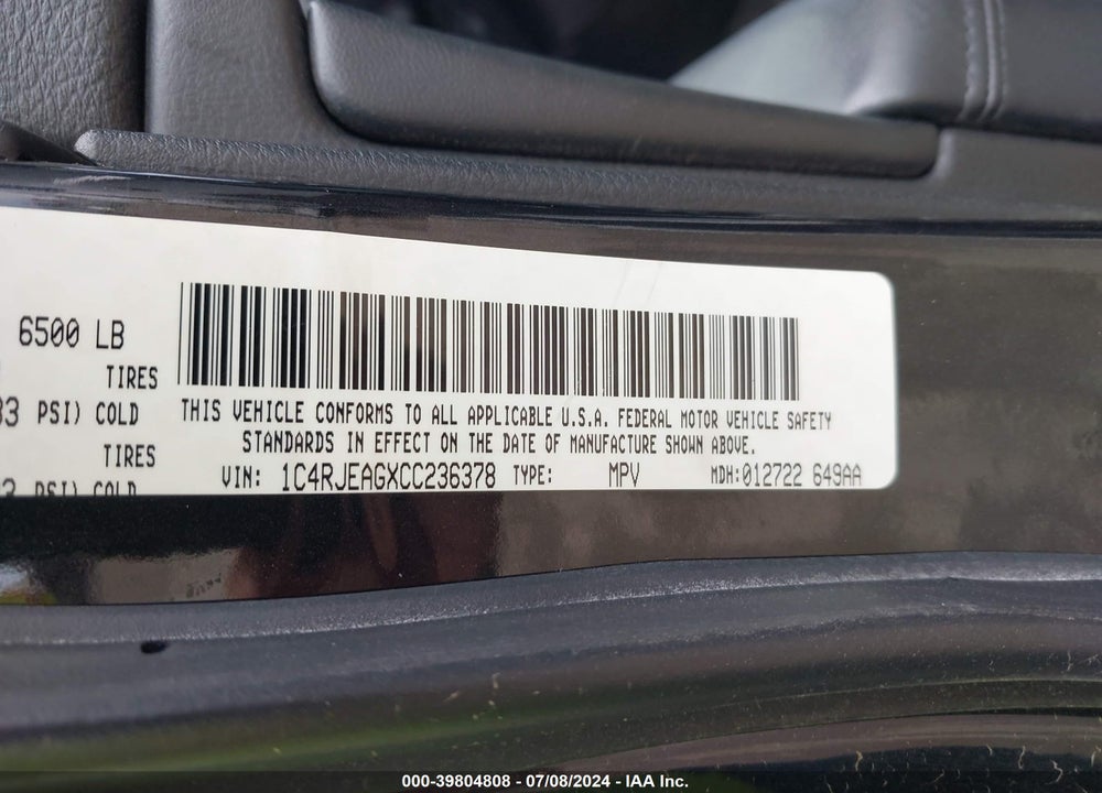 2012 JEEP GRAND CHEROKEE LAREDO VIN: 1C4RJEAGXCC236378