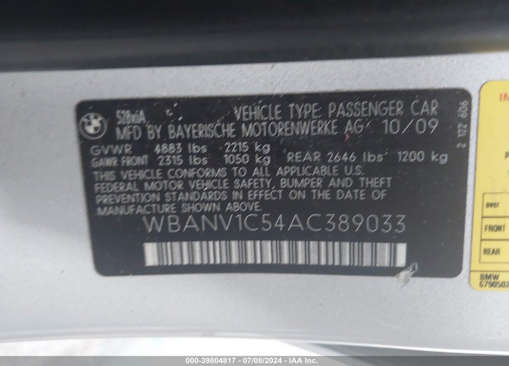 2010 BMW 528I XDRIVE VIN: WBANV1C54AC389033
