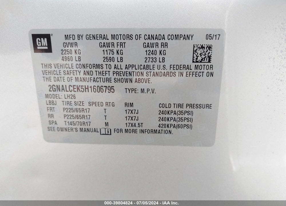 2017 CHEVROLET EQUINOX LT VIN: 2GNALCEK5H1606795