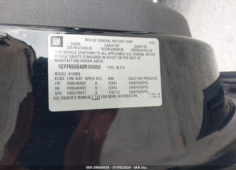2008 CADILLAC ESCALADE ESV STANDARD VIN: 1GYFK66848R168956