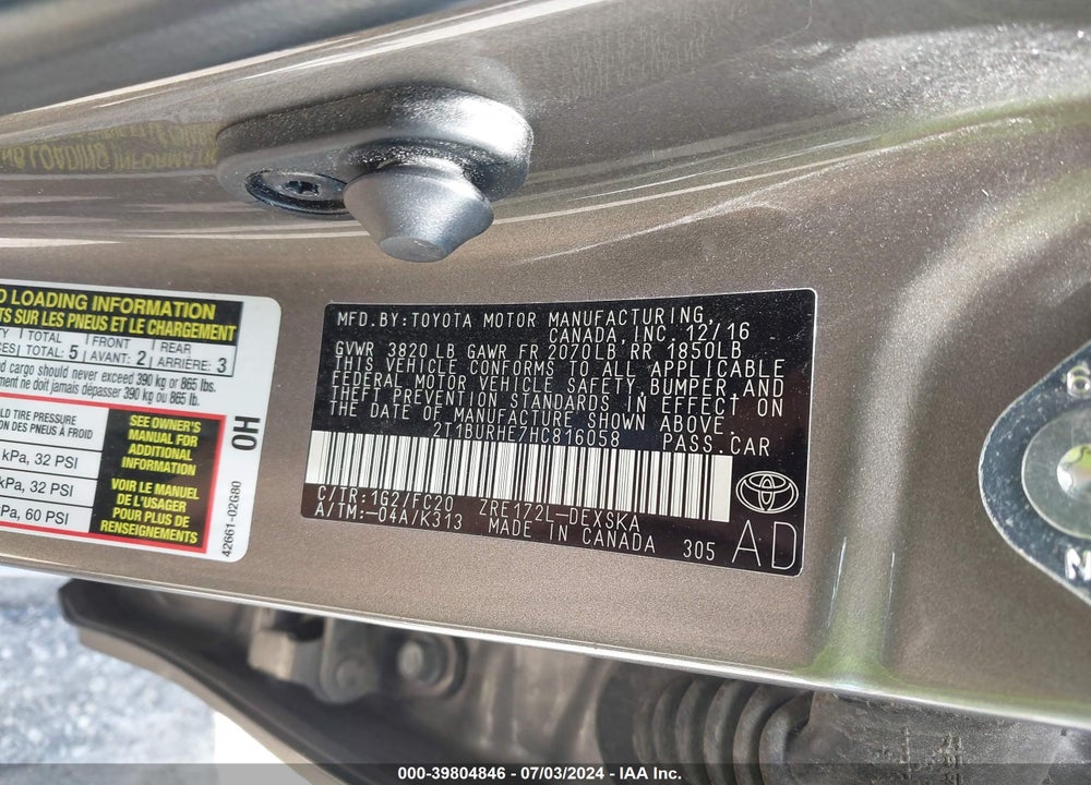 2017 TOYOTA COROLLA SE VIN: 2T1BURHE7HC816058