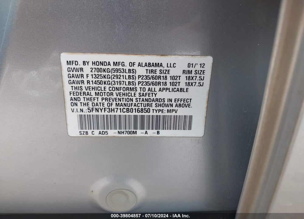 2012 HONDA PILOT EX-L VIN: 5FNYF3H71CB016850