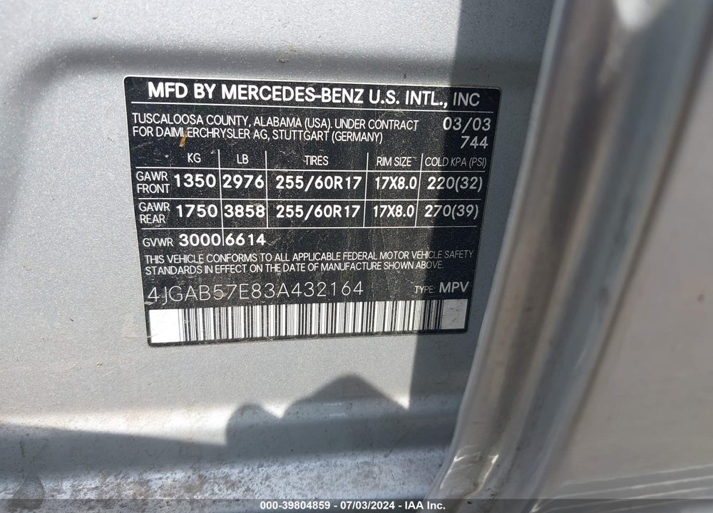 2003 MERCEDES-BENZ ML 350 VIN: 4JGAB57E83A432164