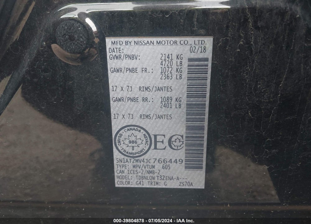 2018 NISSAN ROGUE S/SL/SV VIN: 5N1AT2MV4JC766449