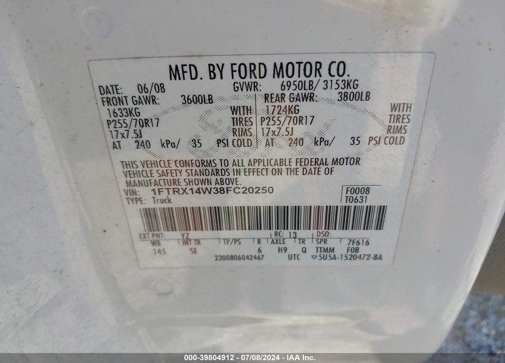 2008 FORD F-150 STX/XL/XLT VIN: 1FTRX14W38FC20250