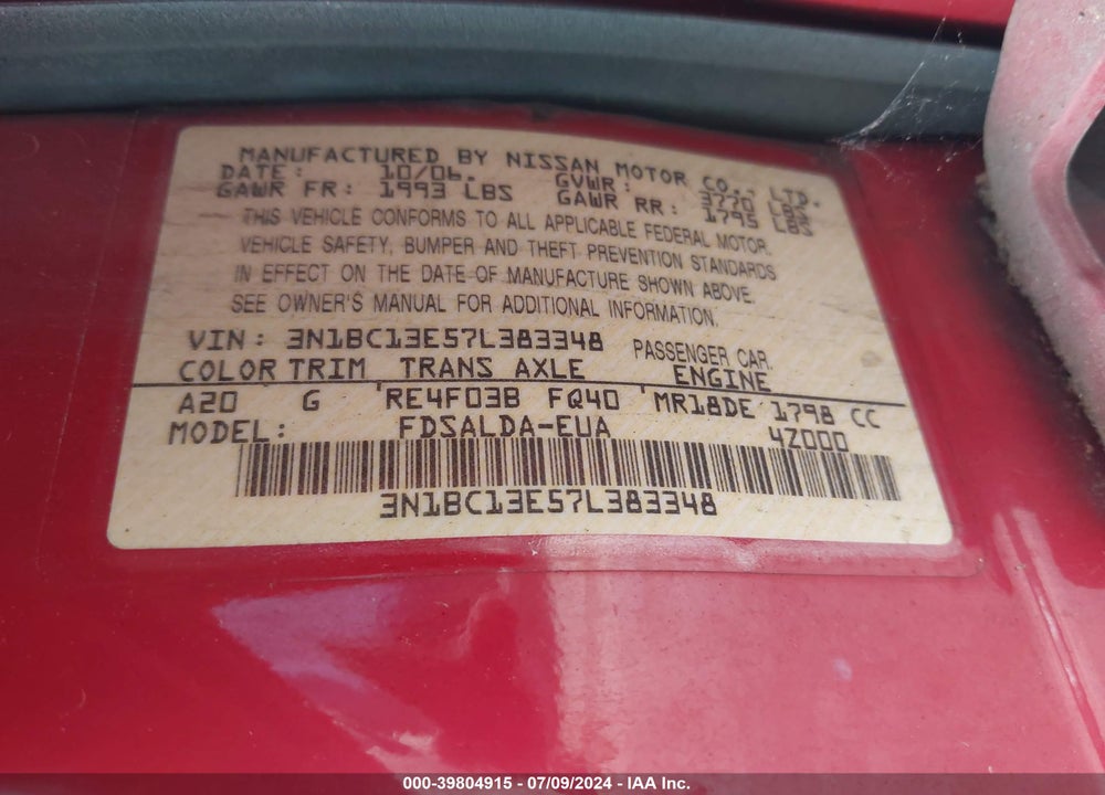 2007 NISSAN VERSA 1.8S VIN: 3N1BC13E57L383348