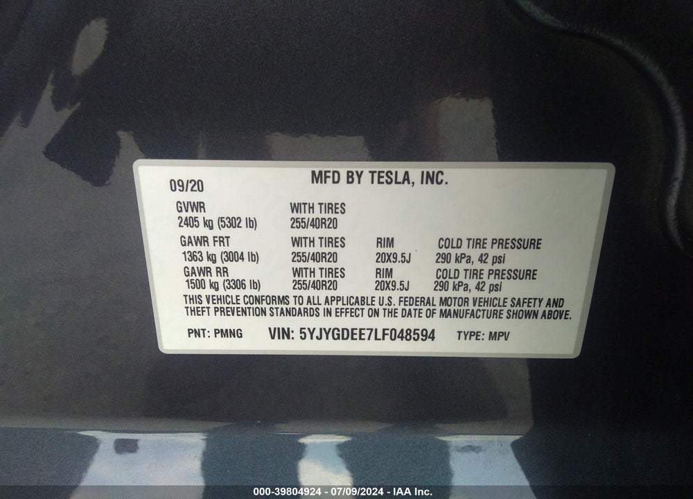 2020 TESLA MODEL Y LONG RANGE DUAL MOTOR ALL-WHEEL DRIVE VIN: 5YJYGDEE7LF048594