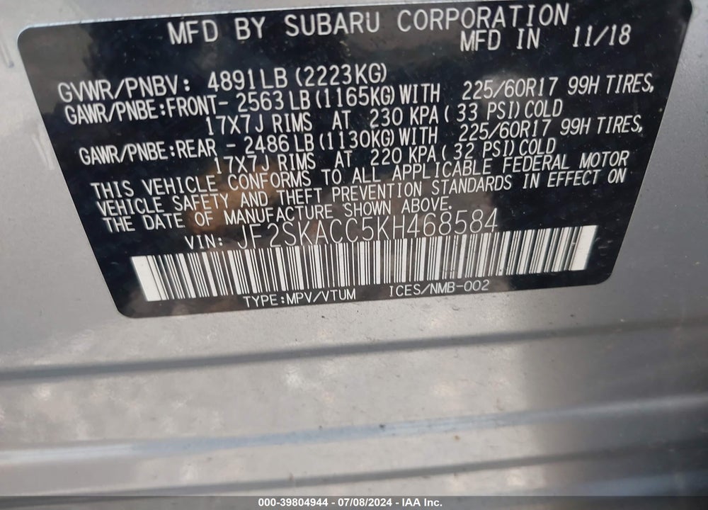 2019 SUBARU FORESTER VIN: JF2SKACC5KH468584