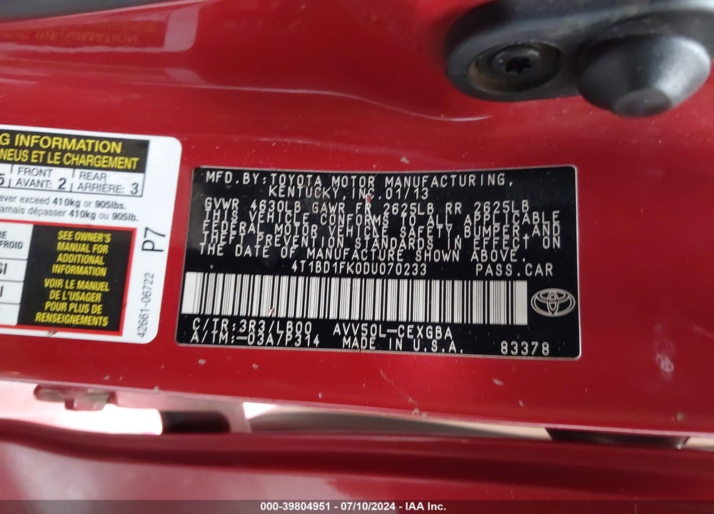 2013 TOYOTA CAMRY HYBRID XLE VIN: 4T1BD1FK0DU070233