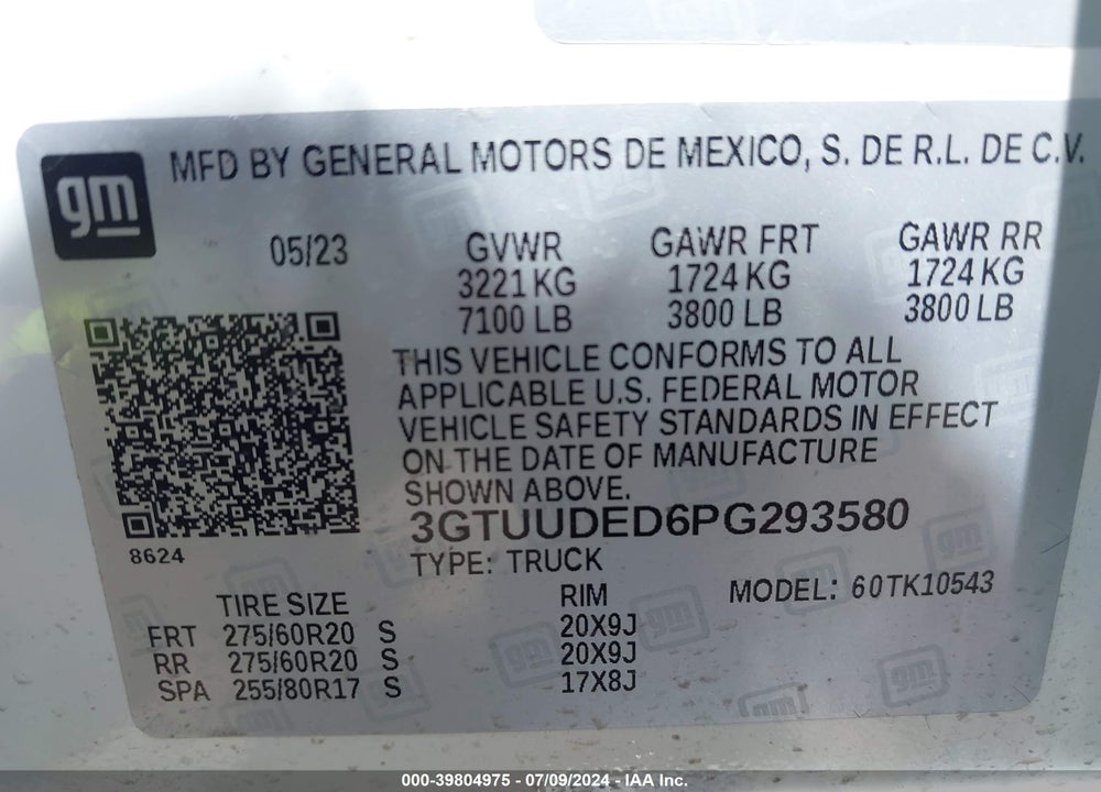 2023 GMC SIERRA 1500 SLT VIN: 3GTUUDED6PG293580
