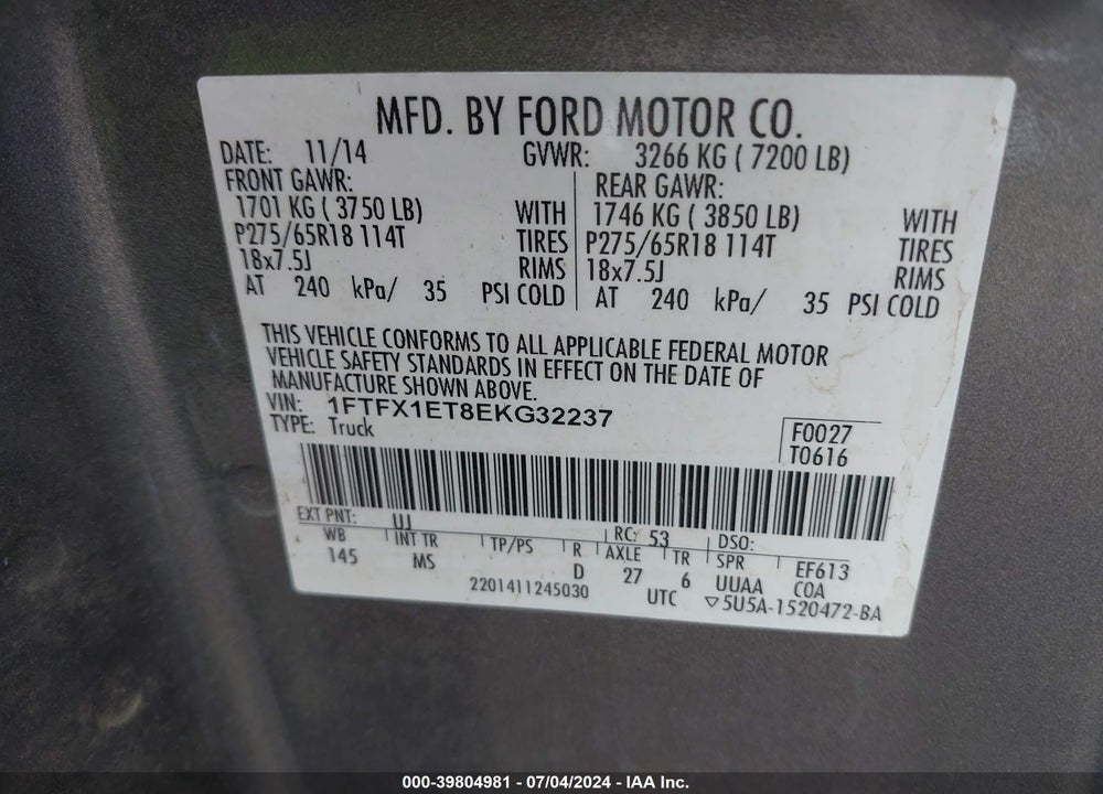 2014 FORD F-150 XLT VIN: 1FTFX1ET8EKG32237