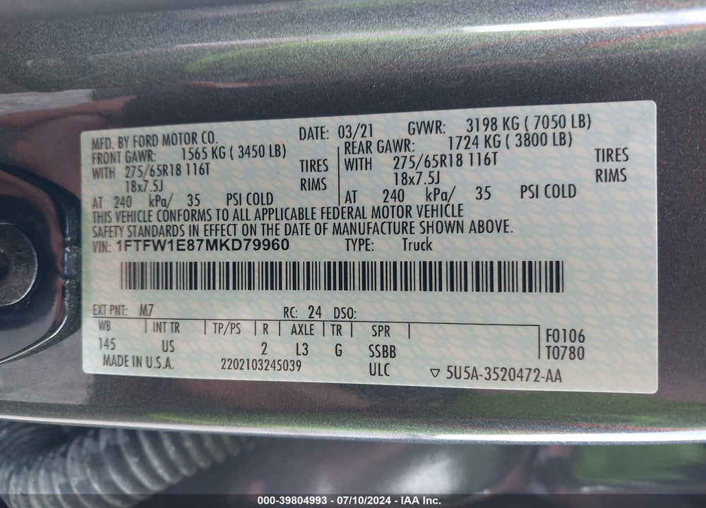 2021 FORD F-150 XLT VIN: 1FTFW1E87MKD79960