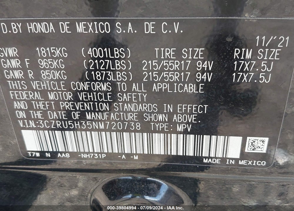 2022 HONDA HR-V 2WD LX VIN: 3CZRU5H35NM720738