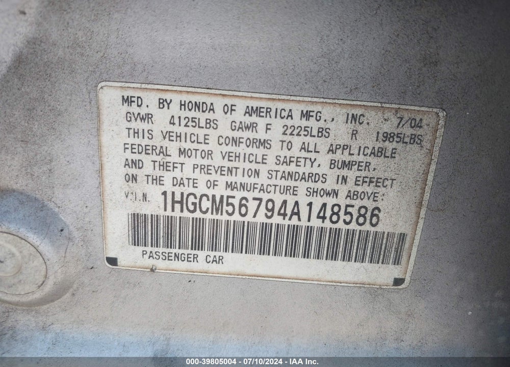 2004 HONDA ACCORD 2.4 EX VIN: 1HGCM56794A148586