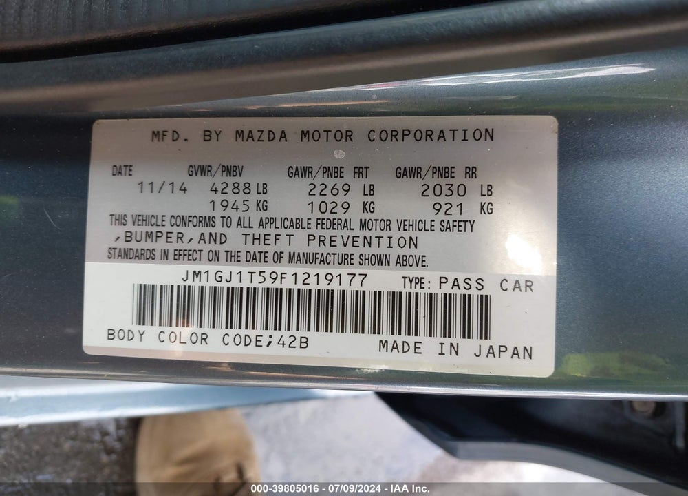 2015 MAZDA 6 I TOURING VIN: JM1GJ1T59F1219177