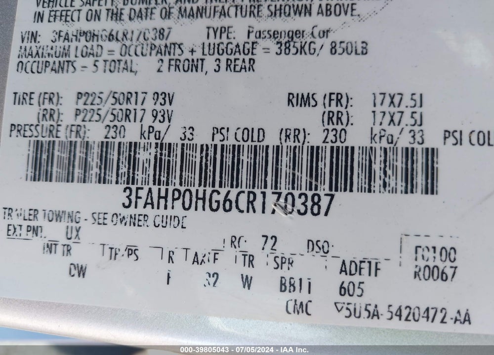 2012 FORD FUSION SE VIN: 3FAHP0HG6CR170387