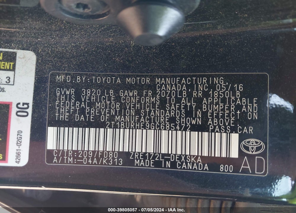 2016 TOYOTA COROLLA S VIN: 2T1BURHE9GC685472