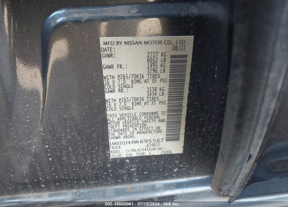 2022 NISSAN FRONTIER S 4X4 VIN: 1N6ED1EK4NN695567