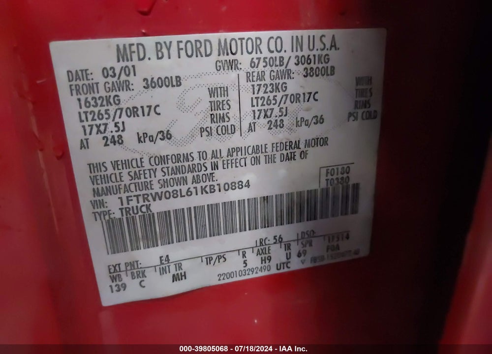 2001 FORD F-150 VIN: 1FTRW08L61KB10884