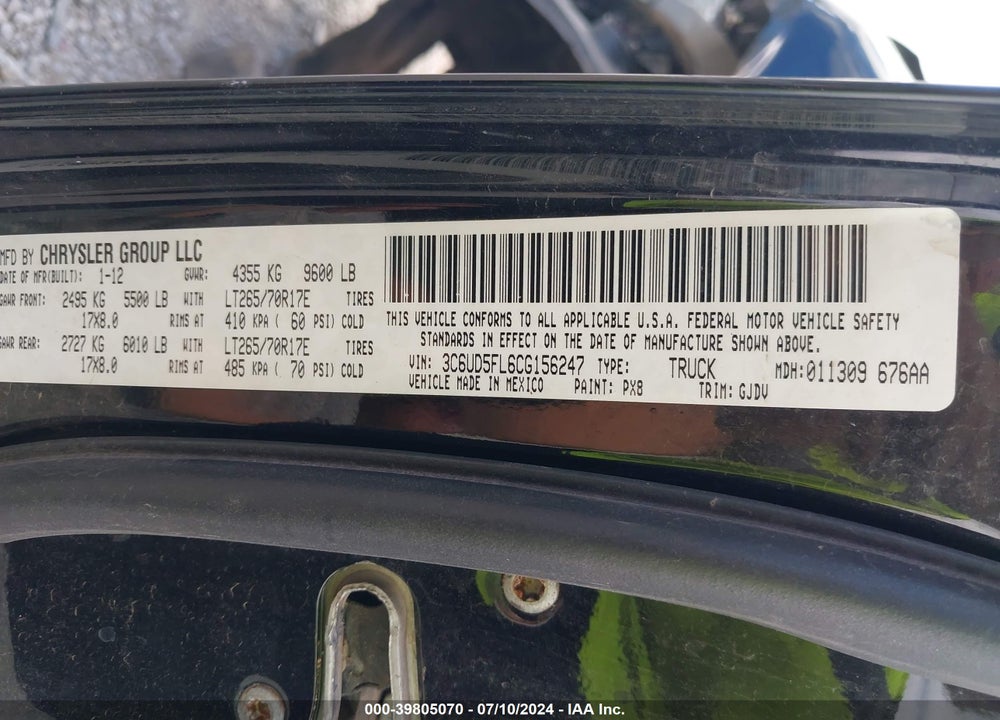 2012 RAM 2500 LAIE VIN: 3C6UD5FL6CG156247
