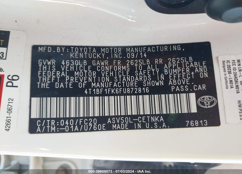 2015 TOYOTA CAMRY LE VIN: 4T1BF1FK6FU872816