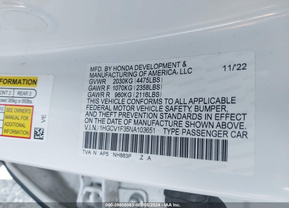 2022 HONDA ACCORD SPORT VIN: 1HGCV1F35NA103651