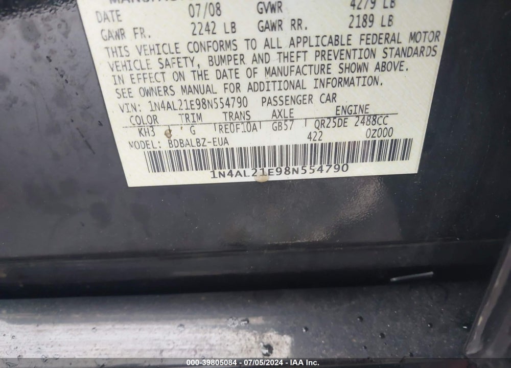 2008 NISSAN ALTIMA 2.5 S VIN: 1N4AL21E98N554790