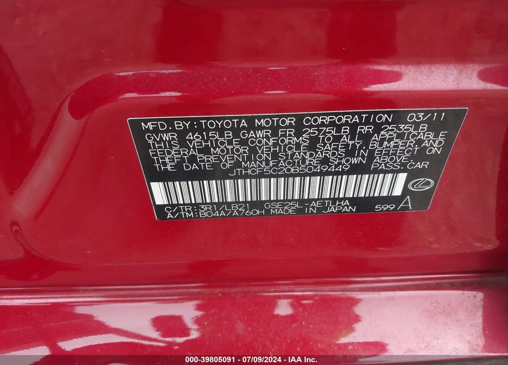 2011 LEXUS IS 250 VIN: JTHCF5C20B5049449