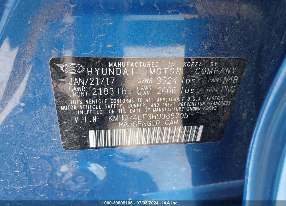 2017 HYUNDAI ELANTRA SE VIN: KMHD74LF3HU385705