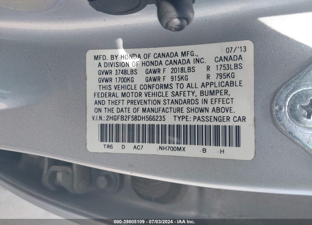 2013 HONDA CIVIC LX VIN: 2HGFB2F58DH566235