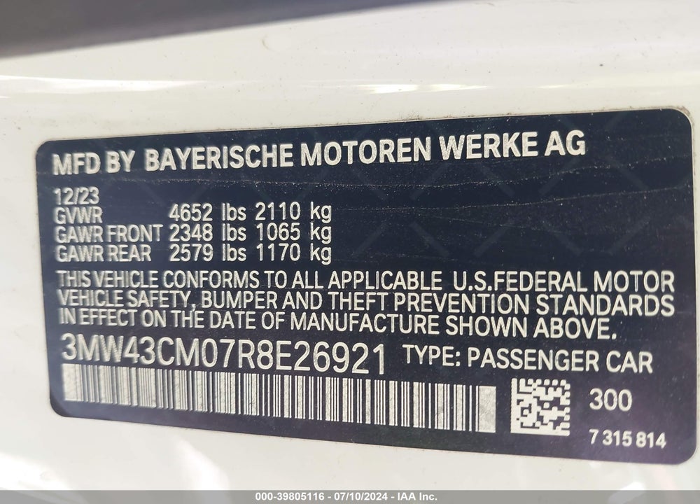 2024 BMW M240 I VIN: 3MW43CM07R8E26921