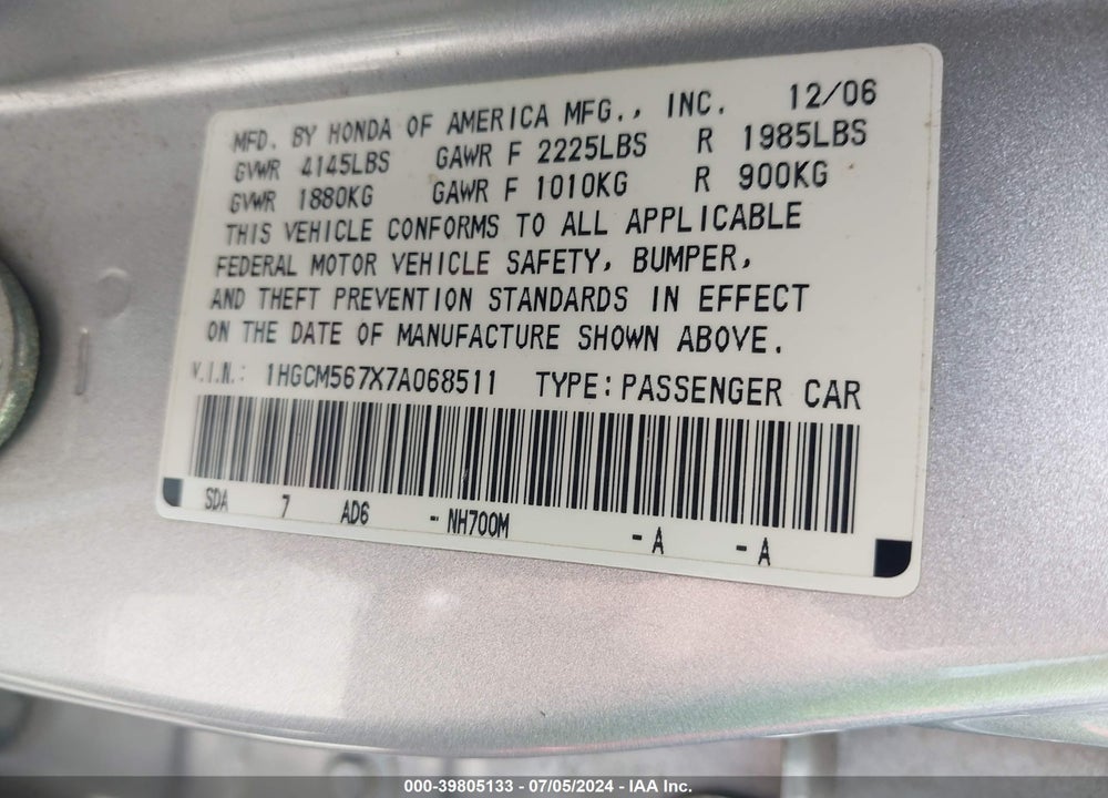 2007 HONDA ACCORD 2.4 EX VIN: 1HGCM567X7A068511