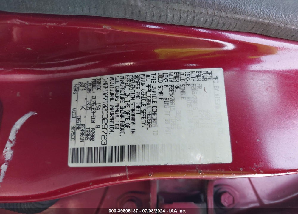 2002 NISSAN FRONTIER XE-V6 VIN: 1N6ED27T02C329723