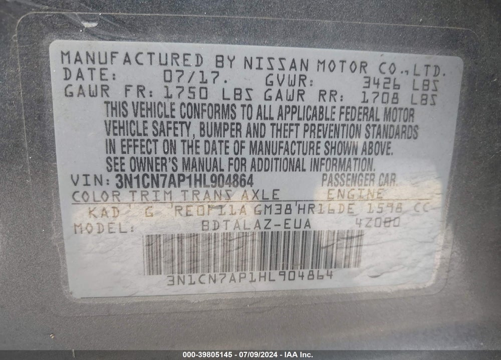 2017 NISSAN VERSA 1.6 S+ VIN: 3N1CN7AP1HL904864
