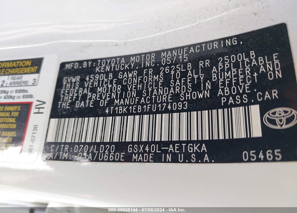 2015 TOYOTA AVALON XLE VIN: 4T1BK1EB1FU174093
