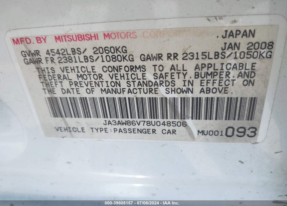 2008 MITSUBISHI LANCER EVOLUTION GSR VIN: JA3AW86V78U048506