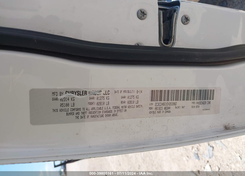 2014 DODGE CHARGER SE VIN: 2C3CDXBG1EH353987
