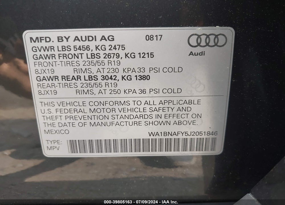 2018 AUDI Q5 2.0T PREMIUM/2.0T TECH PREMIUM VIN: WA1BNAFY5J2051846
