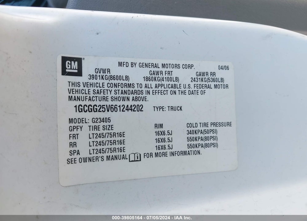 2006 CHEVROLET EXPRESS WORK VAN VIN: 1GCGG25V661244202