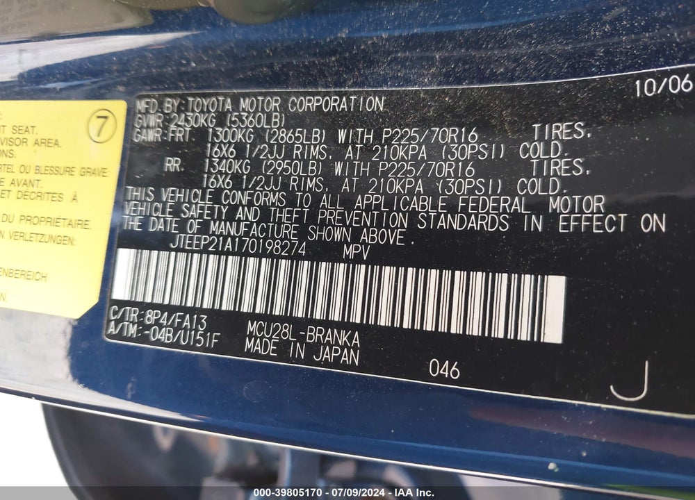 2007 TOYOTA HIGHLANDER V6 VIN: JTEEP21A170198274