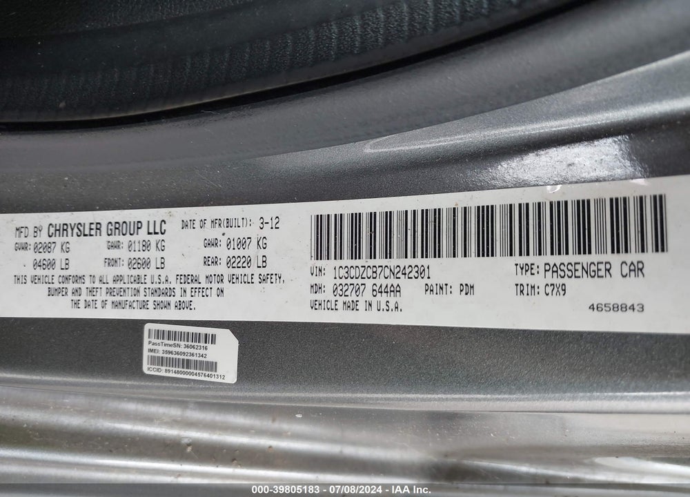 2012 DODGE AVENGER SXT VIN: 1C3CDZCB7CN242301