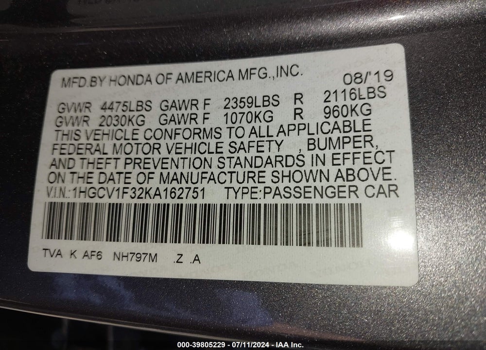 2019 HONDA ACCORD VIN: 1HGCV1F32KA162751