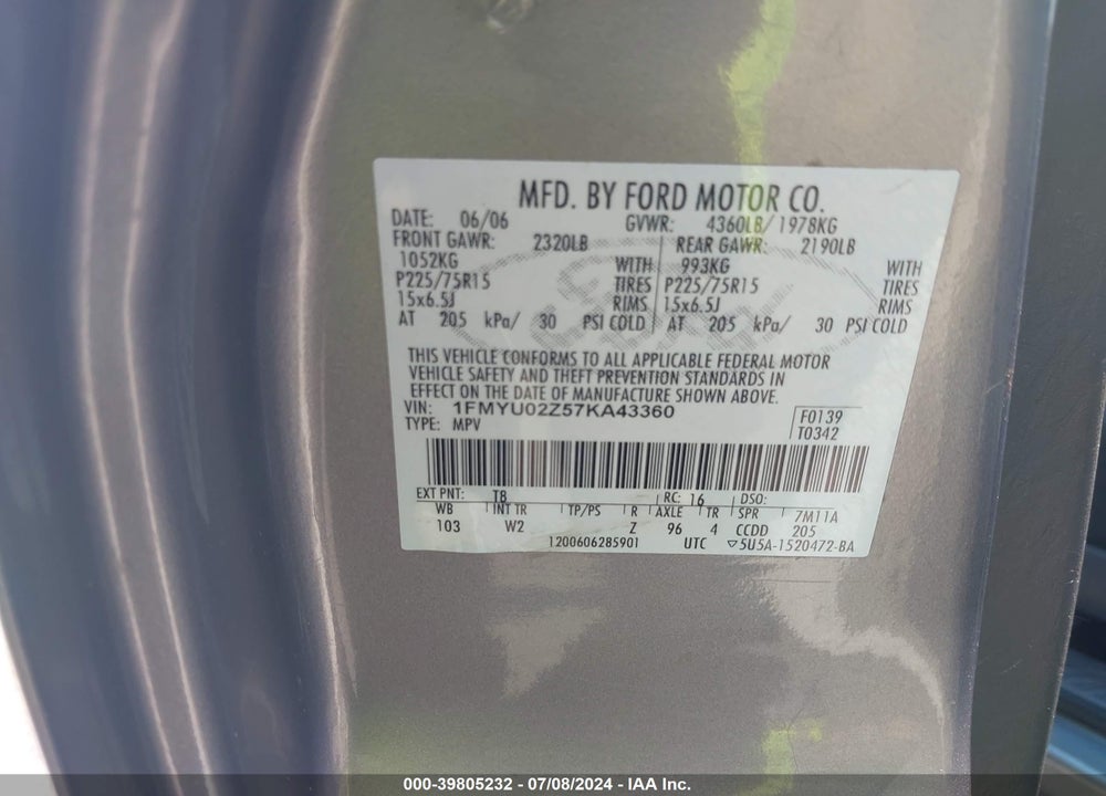 2007 FORD ESCAPE VIN: 1FMYU02Z57KA43360