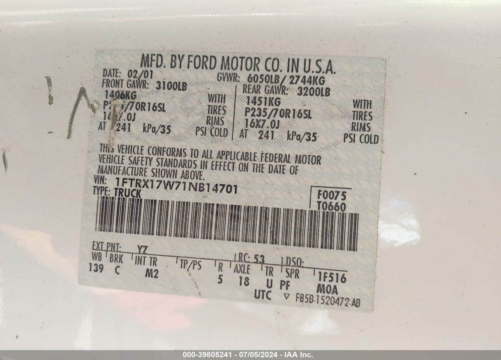 2001 FORD F-150 LARIAT/XL/XLT VIN: 1FTRX17W71NB14701